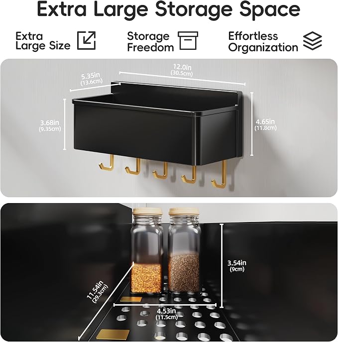 Magnetic Spice Rack for Refrigerator 2 Pack Large Magnet Shelf for Fridge Kitchen Storage Organization with 10 Removable Golden Hooks - Image 6
