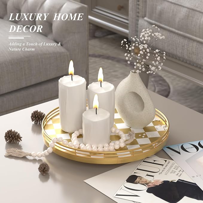 AMH 12-Inch Gold and White Checkerboard Lazy Susan with Metal Rail | Smooth rotating oak tray with walnut finish for dining tables, kitchen counters, pantries and cabinet storage. - Image 2