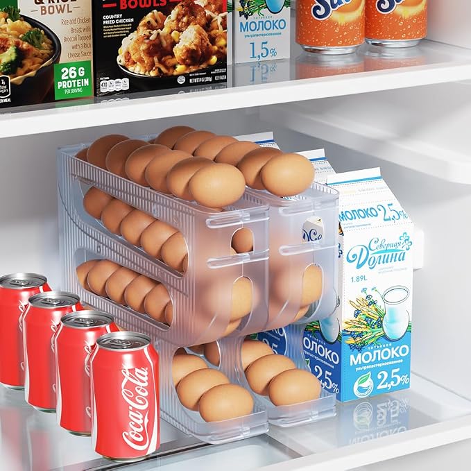 FIFO Egg Holder for Fridge, Egg Organizer for 28 Large Size Eggs | 1-Pack Auto Rolling Egg Dispenser for Refrigerator, Space-Saving Egg Roller/Container/Storage(Frosted Clear) - Image 2