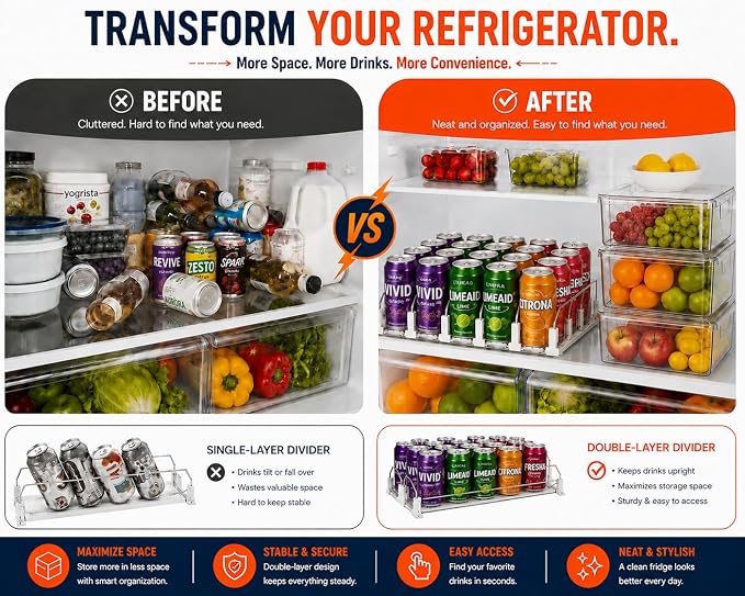 Drink Organizer for Fridge with Cleaning Brush, Soda Can Dispenser for Refrigerator, Automatic Drink Dispenser for Fridge Holds up to 25 Cans, 5 Row Adjustable Organizer with Smooth Pusher Glide White - Image 4