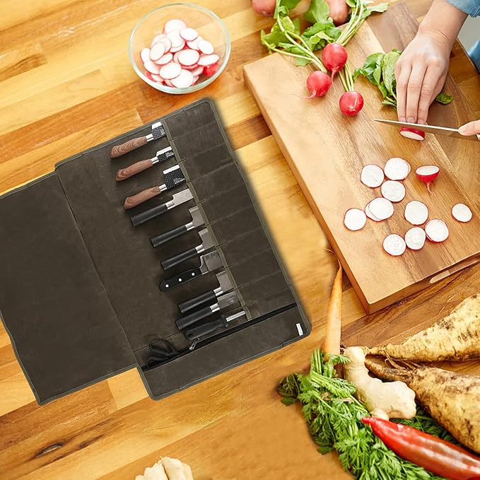 Chef’s Knife Roll Bag,Waxed Canvas Knife Cultery Carrier, Portable Chef Knife Cases,Knife Pouch Holders With 10 Slots Plus 1 Zipper Pockets Can Hold Home Kitchen Knife Tools Up To 18.8” - Image 7