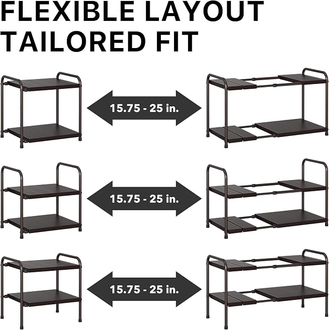 Simple Houseware Under Sink 2-Tier Heavy Duty Expandable Organizer, Bronze | Adjustable Width 15.75–25 Inches with 4 Shelf Height Levels - Image 5