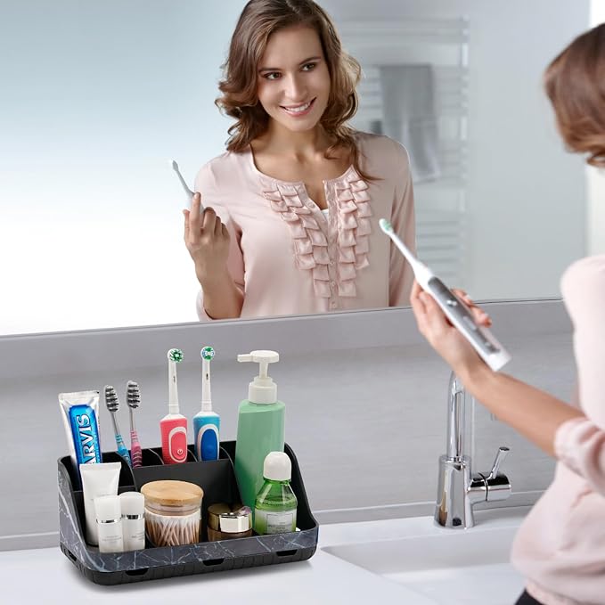 GFWARE Marble Black Toothbrush Holder for Bathrooms, Bathroom Sink Storage | Detachable 7 Slots Kid Electric Toothbrush and Toothpaste Holder, Bathroom Sink Accessories Storage Caddy Marble-Look, Black - Image 2