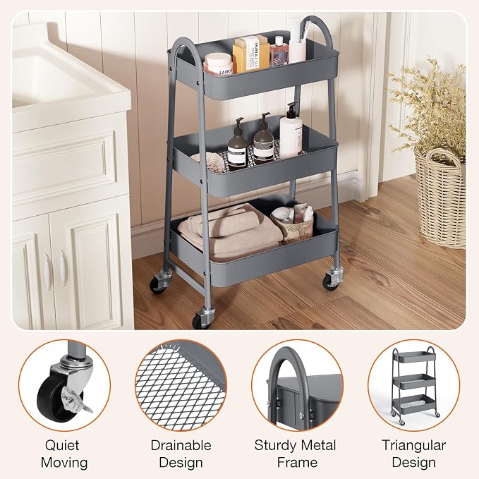 NEWBULIG 3-Tier Metal Rolling Cart with Lockable Wheels, Heavy Duty Mobile Utility Storage Shelf, Roller Book Snack Cart, Grey | Mobile Organizer Shelf, Space-Saving, Freestanding, Bathroom, Living Room, Slim, Narrow Corner Spaces, Grey - Image 2