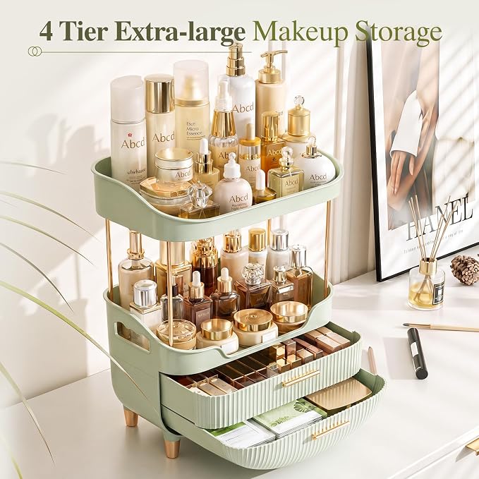 4-Tier Makeup Organizer Bathroom Countertop Storage Green | Versatile Storage for Vanity, Desk, Bedroom, Holds Lipstick, Perfume, Skincare, Mask, Cosmetics - Image 2