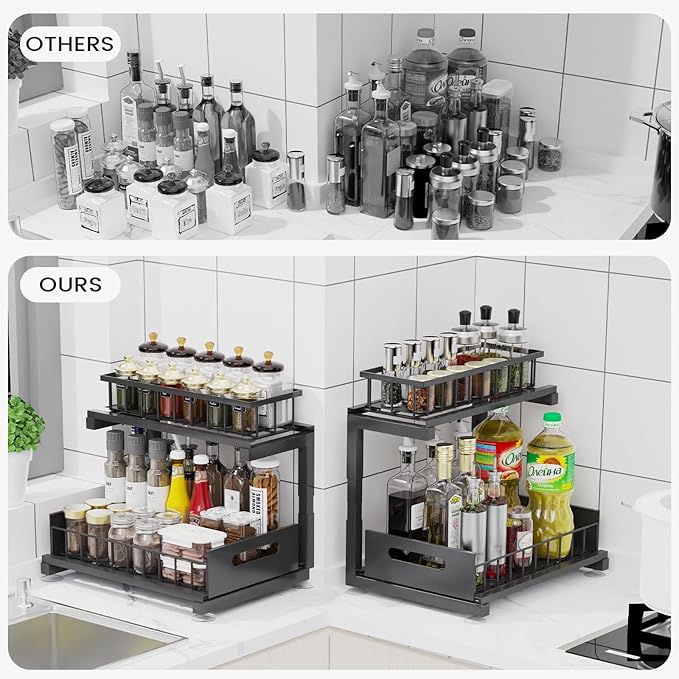Under Sink Organizer, Heavy Duty Metal Pull Out Cabinet Organizer Slide Out Sink Shelf Organizer Height Adjustable, Multi-Purpose Storage Shelf for Kitchen Bathroom(Black,2Pack) - Image 3