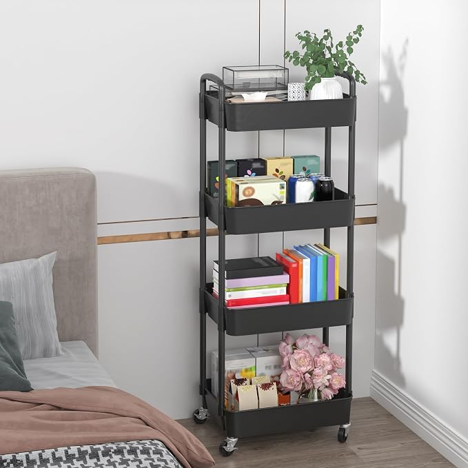 Sywhitta 4-Tier Plastic Rolling Utility Cart with Wheels for Storage, Black | Multi-Functional Storage Trolley, for Office, Living Room, Kitchen, Bathroom,Movable Organizer,Space-Saving,Easy to assemble - Image 6