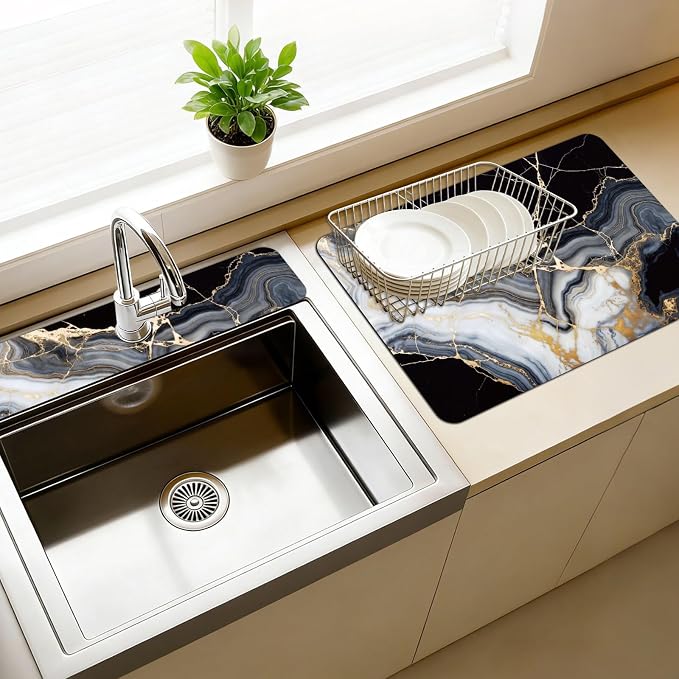 3 Pcs 2 Size Kitchen Sink Splash Guard Faucet Mat Blue and White Floral Pattern Faucet Mats for Sinks Absorbing Drying Mat for Kitchen Bathroom by CONCHLERY%E6%97%97%E8%88%B0%E5%BA%97
