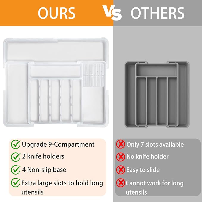 Silverware Organizer for Kitchen Drawer, Expandable Utensil Drawer Organizer with 2 Knife Block, Flatware and Cutlery Holder, Adjustable Plastic Storage for Spoons Forks Knives - Image 3