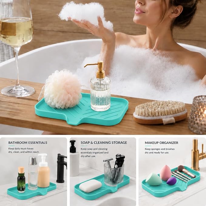 MicoYang Silicone Soap Dish with Drain Spout — Self-Draining Sink Organizer Tray for Bathroom & Kitchen, Sponges, Dispensers & Soap Holder, Non-Slip & Dishwasher Safe, Mint (Medium, 9.6"×5.3") - Image 4