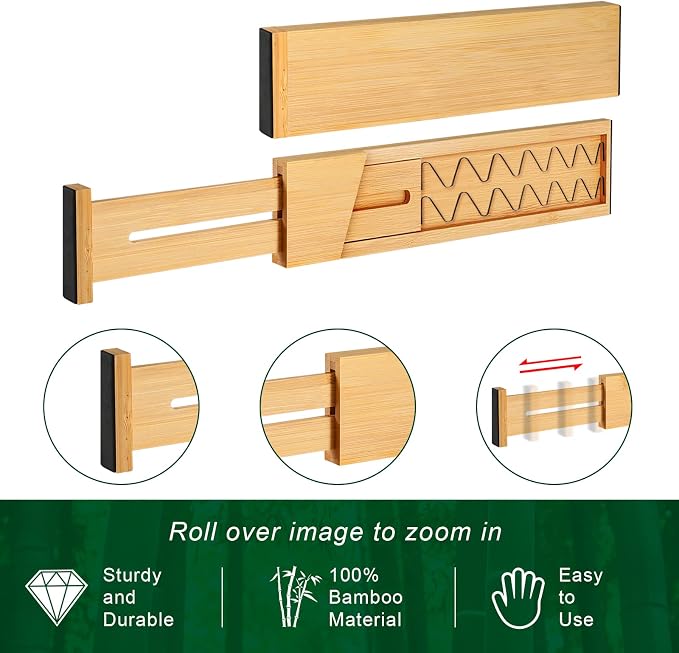 4 Pack Bamboo Drawer Dividers 2.6" High, Adjustable from 12 Inch to 17 Inch | Expandable Kitchen Drawer Organizer Separators for Clothes, Kitchen, Bedroom, Dresser, Office (Beige) - Image 2
