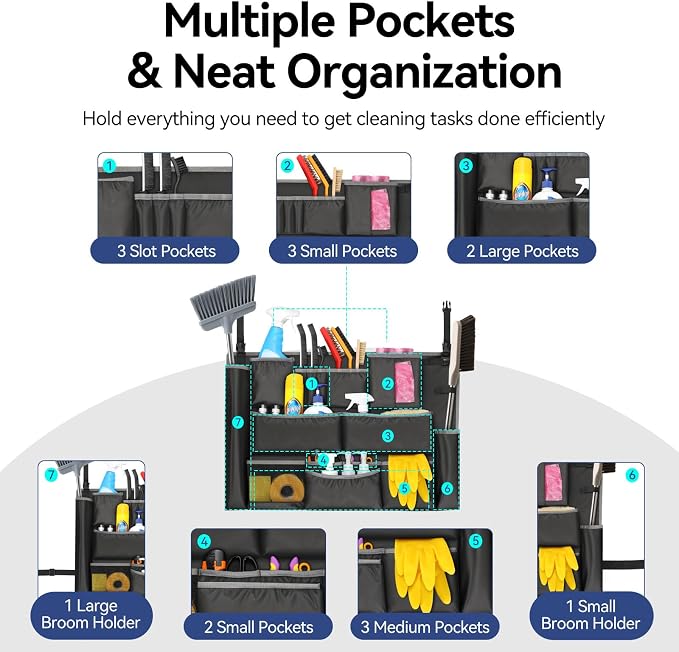 Housolution 3 Tier Upgrade Trash Can Caddy Cleaning Supplies Bag | Large Capacity, Fits for 32-55 Gallon Garbage Bin, 15 Pockets Cleaning Tool Storage Organizer for Housekeeping & Janitorial - Image 5