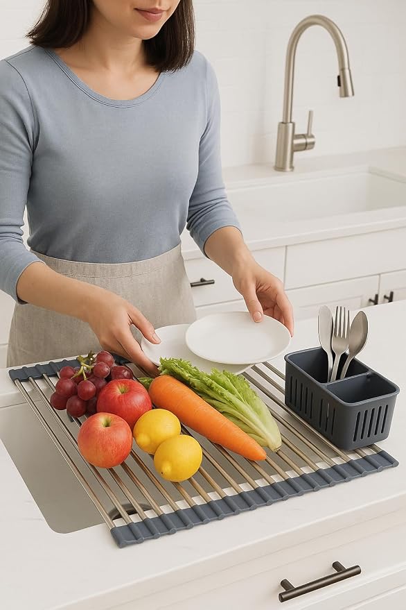 Gabrielline Expandable Roll Up Dish Drying Rack for Kitchen Sink, 21.6” x 12.7” Stainless Steel Over Sink Drying Mat with Utensil Holder & Drip Tray, Space Saving Heavy Duty Kitchen Rack Set - Image 5
