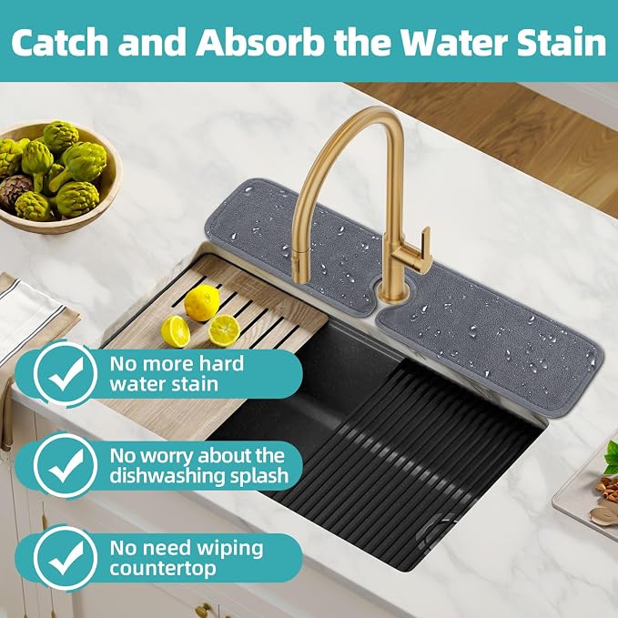 PoYang 4 Pack Faucet Mat for Kitchen Sink Splash Guard, Long 24x5.1 Inch | Super Absorbent Microfiber Faucet Mat, Catch Splashes and Drips, Machine Washable Sink Protectors for Kitchen, Bathroom & RV - Image 2