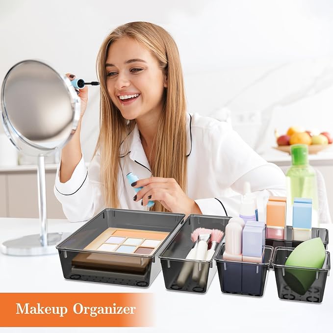 25 PCS Plastic Drawer Organizer, Versatile Organizer Trays & storage Bins | 4-Size Versatile Organizer Trays & storage Bins for Makeup, Jewelry, and Gadgets in Bathroom, Bedroom and Office, Clear Black - Image 5