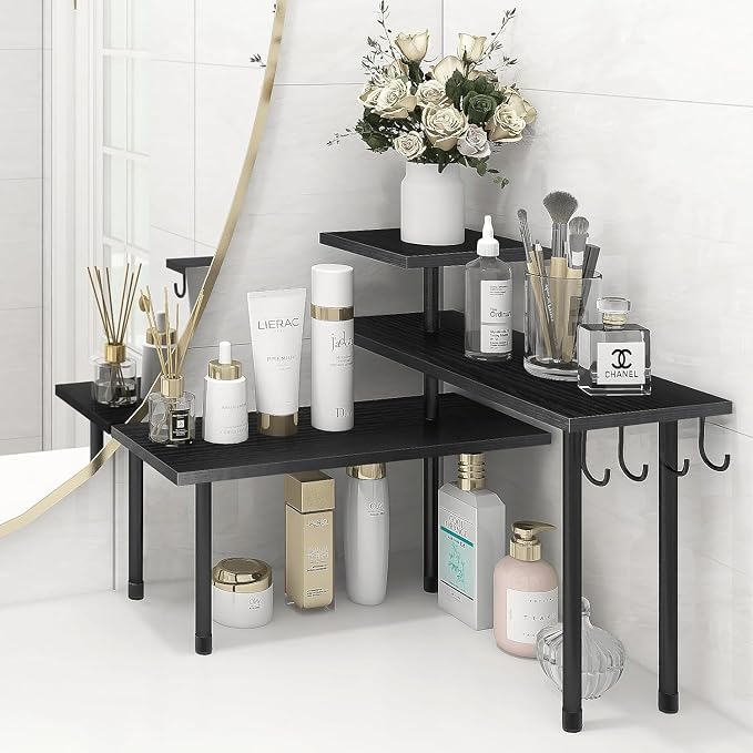 Bathroom Counter Organizer Corner Shelf, Kitchen Countertop Organizer, 3 Tier Wood Counter Shelf Stand for Over The Sink, Coffee Station, Desktop, Black by Homode