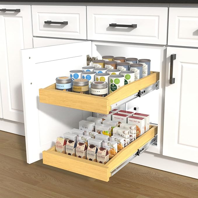 2 Tier Pull Out Cabinet Organizer, 20"W x 21"D Solid Wood Heavy-Duty Base Bottom Assembly Slide out Drawer Shel Cabinet Organization for Kitchen, Pantry, Bathroom - Image 8