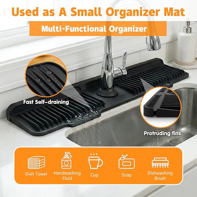 Silicone Faucet Mat for Kitchen Sink, 24" Splash Guard 7° Slope Fast Drain | Adjustable hole cutout for easy install, fits kitchen & bathroom sinks; food-grade silicone, easy to clean, keeps counter dry - Image 5