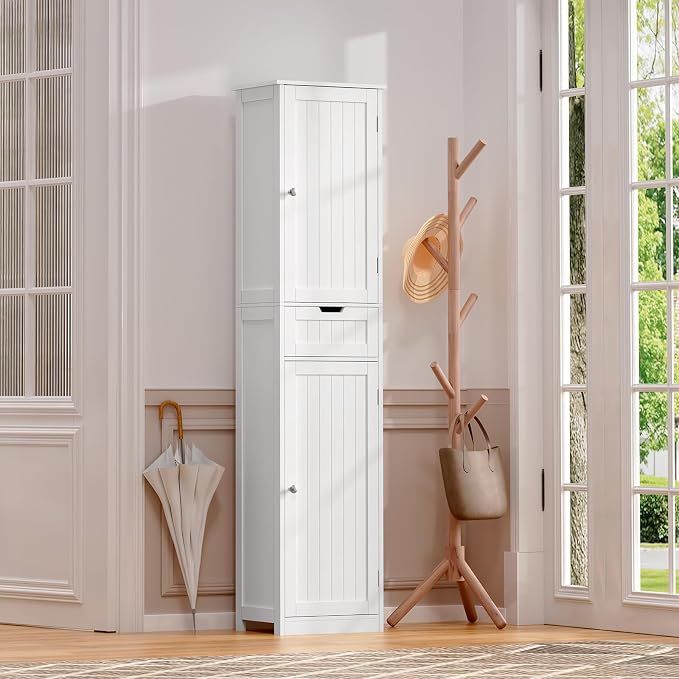 Iwell 67" Tall Bathroom Cabinet, Storage Cabinet with 2 Doors & 1 Drawer, Bathroom Storage Cabinets with Adjustable Shelves, for Living Room, Entryway, Home Office, White - Image 7