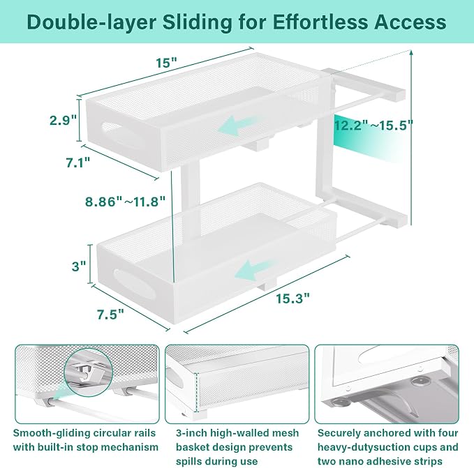 Under Sink Organizer, 2 Pack 2 Tier Metal Slide Out Pull Out Cabinet Organizer Shelf, Height Adjustable Organization and Storage Series, Bathroom/Desktop/Cabinet/Kitchen organization, White - Image 2