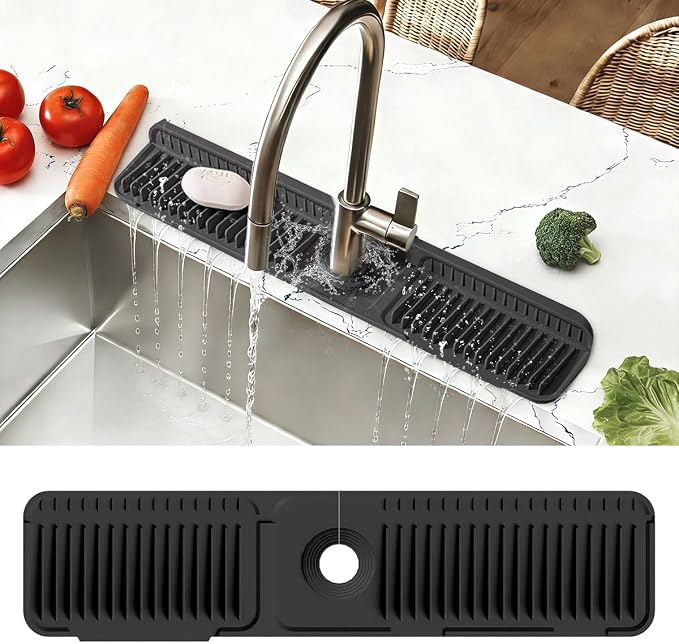 24 Inch Faucet Mat for Kitchen Sink Silicone Folding Faucet Mat for Bathroom Sink Splash Guard 7° Slope Water Draining Tray with Button Lock for Kitchen Bathroom Bar ect(Black) by KicthMap