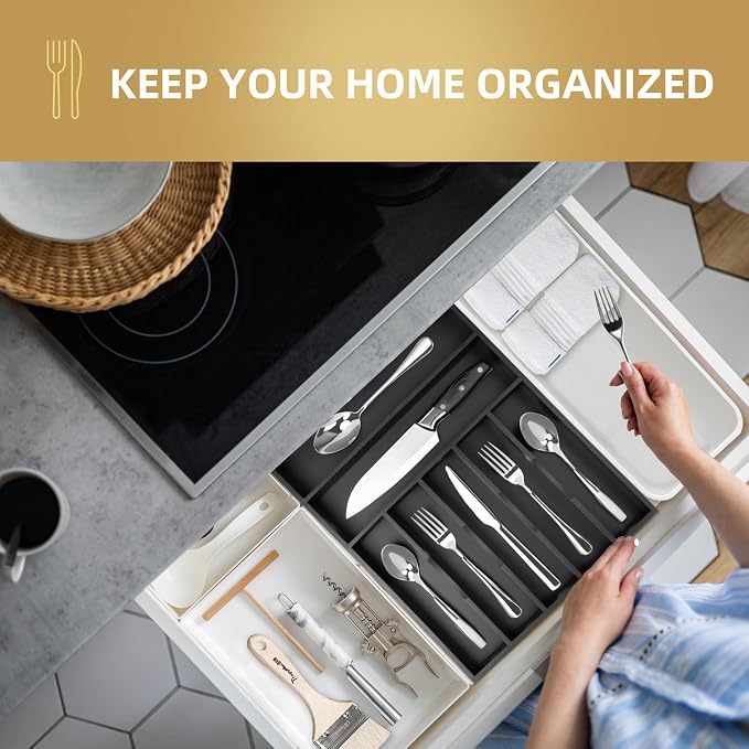 Bamboo Silverware Holder Drawer Utensil Organizer with 7 Slots Black | 13 Inch, 7 Divided Slots, Black Bamboo Wooden, Organize Kitchen Bedroom Office, Flatware Spoon Fork Cutlery Tray - Image 5