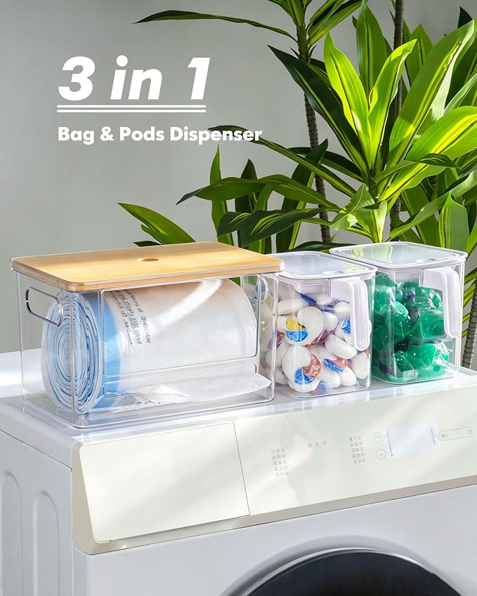 iCASA 3 in 1 Trash Bag and Dishwasher Pod Organizer Garbage Bags Dispenser | Large Acrylic Trash Bag Holder with Bamboo Lid, with 2 Pack Laundry Detergent Pods Container, Under Kitchen Sink Organizer - Image 2