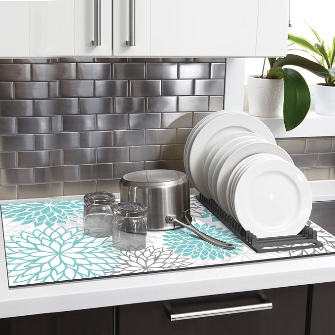 Findosom 2PCS 17" x 32" Dish Drying Mat & 24" x 5.5" Sink Splash Guard, Super Absorbent & Cuttable Dish Mat Drying Kitchen Mat with Teal Floral, Hide Stain Drying Mat for Kitchen Counter - Image 6