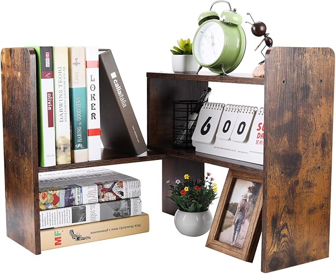 Desk Organizer Desktop Shelf Adjustable Countertop Bookshelf Small Table Shelves Book Organizer Office Organization for Desk, Antique Brown by PAG