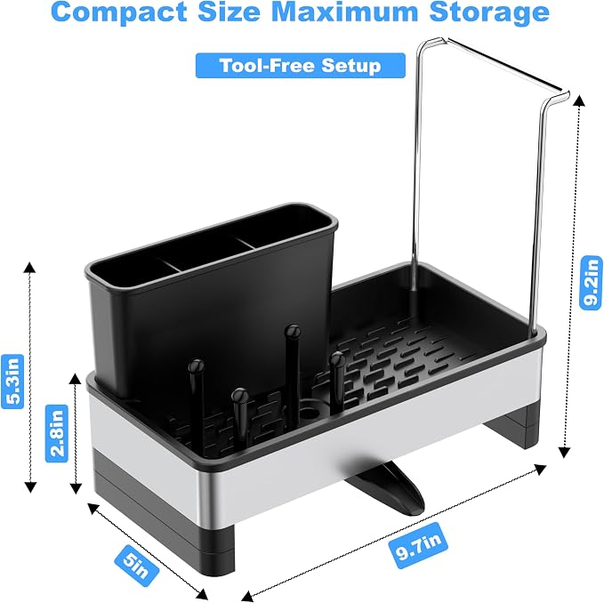Sponge Holder for Kitchen Sink Caddy Organizer, Dish Brush Holder | Stainless Steel Sponge Caddy for Kitchen Countertop Organizer, Rustproof Dish Soap and Sponge Rack with Dishcloth Drying Rack - Image 7