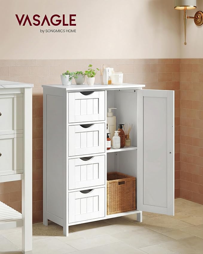 VASAGLE Storage Cabinet with Drawers, Freestanding Floor Cabinet with Door, 11.8 x 21.7 x 32.3 Inches, Adjustable Shelf, for Bathroom, Living Room, Kitchen, Cloud White ULHC041WH01S - Image 2