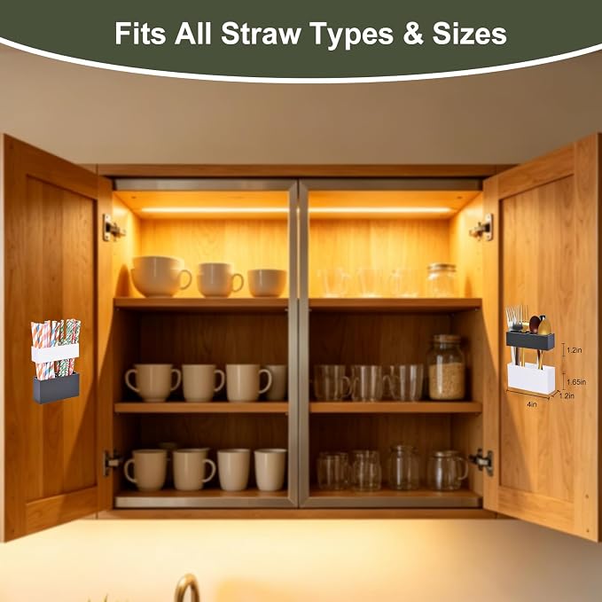 2 PACK Small Acrylic Straw Holder for Cabinet Doors，Straw Organizer Storage with Most Sizes，Multi-Function Kitchen Accessories Container with Adhesive Round Pads(BLACK AND WHITE) - Image 2