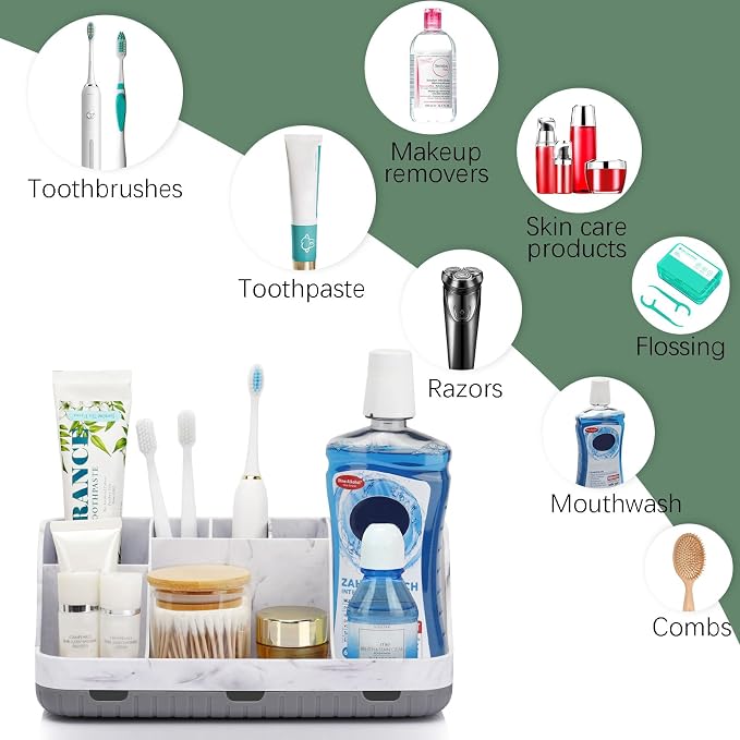 GFWARE Marble Bathroom Countertop Organizer - Detachable 7 Slots Kids Electric Toothbrush and Toothpaste Holde Drainage for Bathroom Accessories Organization Counter Vanity Storage, Grey | Detachable 7 Slots Kid Electric Toothbrush and Toothpaste Holde... - Image 5