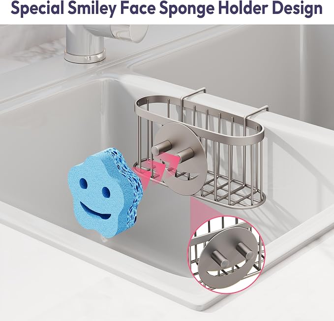 SWTYMIKI Sponge Holder for Kitchen Sink - Movable Sink Caddy with Smiley Face Sponge Holder, Rustproof Hanging Sponge Organizer in Double Bowl Sinks Depth>3.15in, Middle Divider<1.5in, Sand Nickel - Image 3