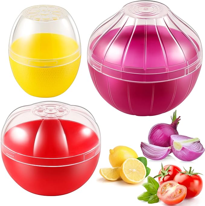 Vegetable and Fruit Storage Containers for Fridge, 3 Pieces BPA Free Reusable Food Saver - Tomato, Lemon, Onion Keeper Holder - Refrigerator Vegetable Crisper for Keeping Food Fresh Longer by Babudeer