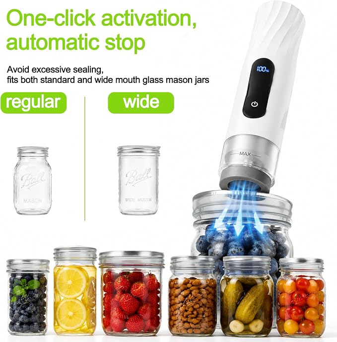 Mason Jar Vacuum Sealer Kit with 2 Sealers, 20 Reusable Lids | (Wide & Regular Mouth), Wine Vacuum Stopper & Opener, Food Storage System for Meal Prep, Pantry, Without Mason Jar - Image 5