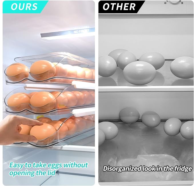 RoskDeewat Egg Holder for Fridge, Automatic Rolling Egg Container -2 Tier | Stackable Fridge Organizers and Storage with Lid, Sturdy Clear Plastic Egg Dispenser & Tray for Refrigerator - Image 3