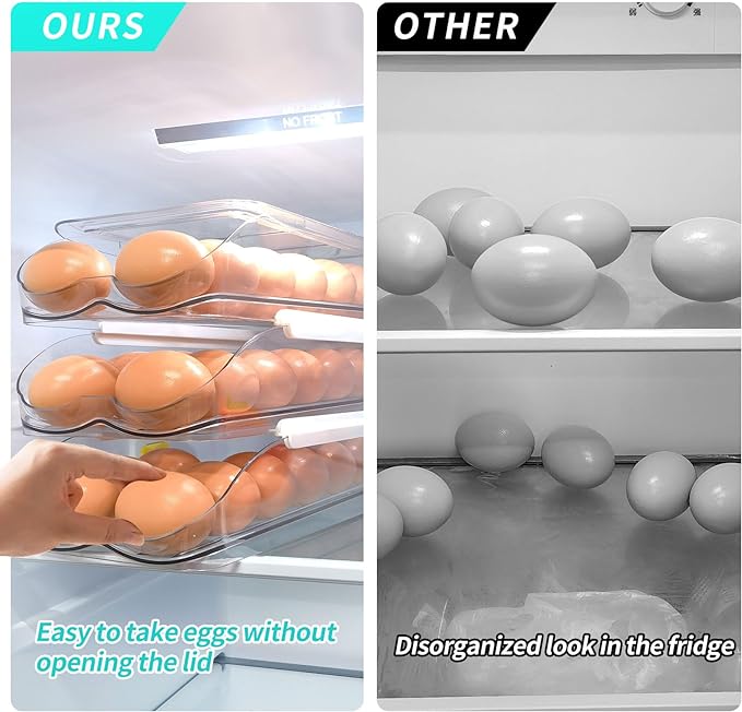 RoskDeewat Egg Holder for Fridge, Automatic Rolling Egg Container -1 Tier | Stackable Fridge Organizers and Storage with Lid, Sturdy Clear Plastic Egg Dispenser & Tray for Refrigerator - Image 3