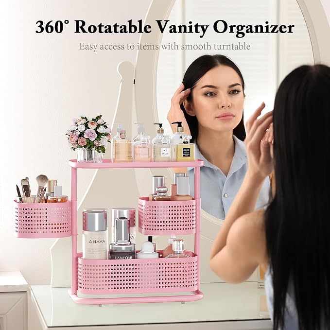 KINGRACK Metal Bathroom Counter Organizer，Rotating Countertop Storage Shelf | 3 Tier, Makeup Tray for Vanity, Perfume & Skincare, Standing Shelf for Bathroom Counter Storage, Pink - Image 3