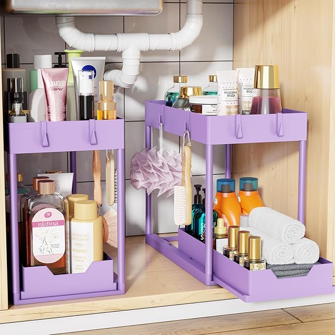 Simple Trending Under Sink Organizer 2 Pack, with Sliding Drawer, Purple | 2-Tier Multi-Use Under Shelf Organizer with Hooks, Sink Pull-Out Sliding Storage Cabinet for Kitchen Bathroom, Easy Assembly by SimpleTrending
