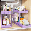 Simple Trending Under Sink Organizer 2 Pack, with Sliding Drawer, Purple | 2-Tier Multi-Use Under Shelf Organizer with Hooks, Sink Pull-Out Sliding Storage Cabinet for Kitchen Bathroom, Easy Assembly by SimpleTrending