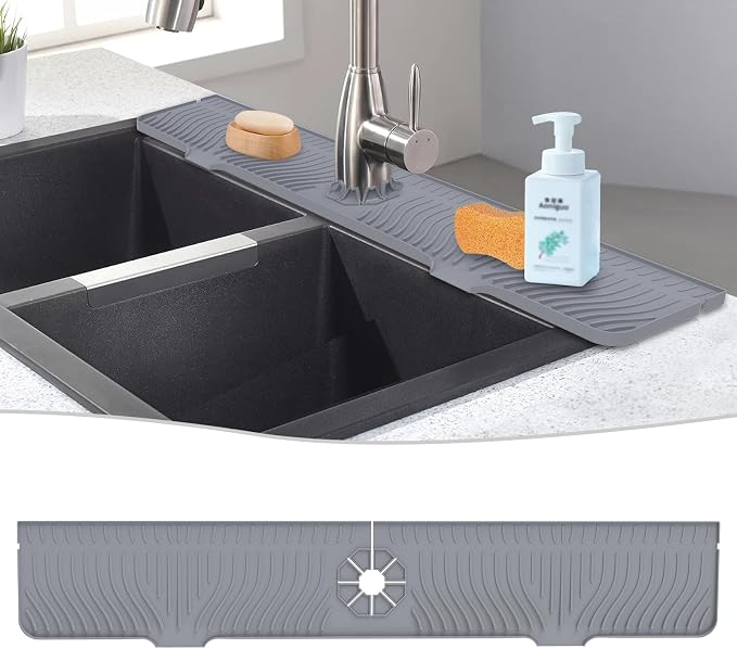 Derlights 33 inch Sink Splash Guard Mat, Silicone Faucet Handle Drip Catcher Tray, Longer Silicone Sink Mat for KitchenBathroom, Drip Protector Splash Countertop (Gray) by Derlights