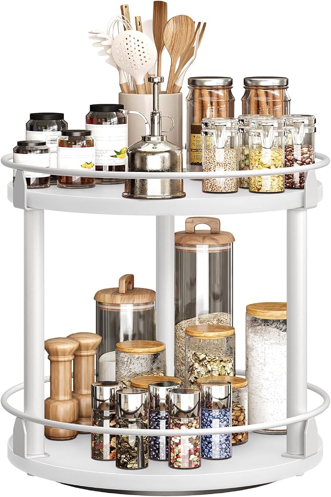 Lazy Susan Organizer, Rotating Spice Rack, 2 Tier Spice Turntable Organizer, Industrial Turntable Spice Holder, for Kitchen Countertop, Compact and Versatile, White SR22WW - Image 9