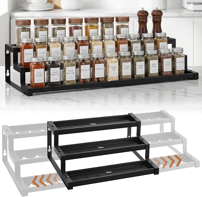 Expandable Spice Rack Organizer for Cabinet, Supports 17.6 lbs Per Tier | Expandable 16"-29", Anti-Separation Sliding Design, 3-Tier mental shelf, Organizes Jars, Bottles & Seasonings, Easy Assembly by Holismo