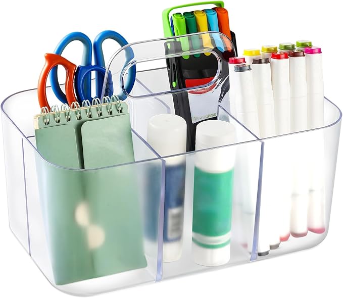 Multiuse Caddy Organizer with Handle, Portable Plastic Tote Bin - Art Craft, Stationary Pen Marker Crayons, Makeup Hair Supplies Storage - Bathroom, Classroom, Dorm, Office, Desk Holder -Frosted Clear - Image 9