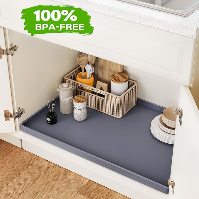 FLATO Waterproof Under Sink Mat, 28" x 22", White | Shelf Liner for Kitchen and Bathroom, Cabinet Protector, Organizers and Storage, Flexible Silicone Drip Tray - Image 4