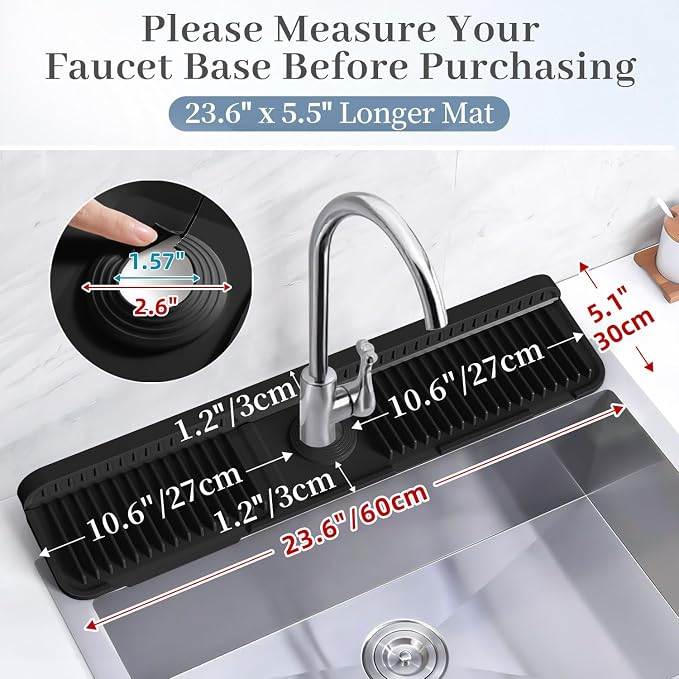 PoYang 24 Inch Faucet Mat for Kitchen Sink Splash Guard, Silicone, Black | Sink Protectors with 7° Slope for Smooth Drainage, Snap Button Holds It in Place, 90° Foldable & Cuttable Hole Fit Most Sinks - Image 3