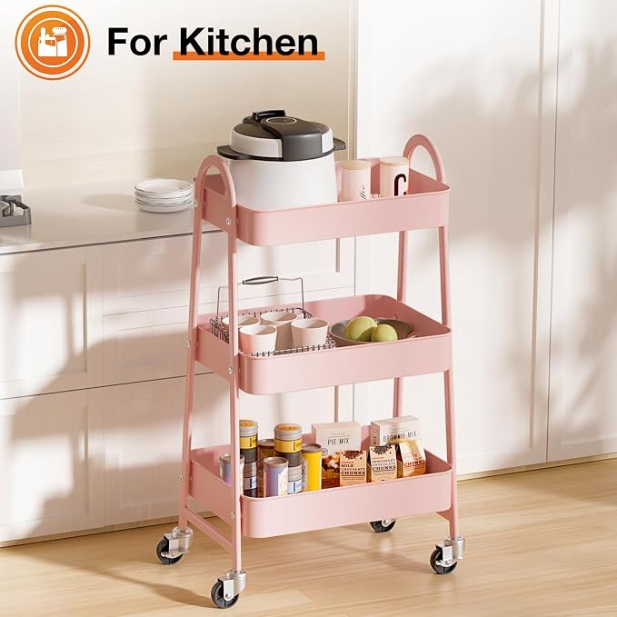 NEWBULIG 3-Tier Metal Rolling Cart with Lockable Wheels, Heavy Duty Mobile Utility Storage Shelf, Roller Book Snack Cart, Organization for Livingroom, Bathroom, Office, Pink | Mobile Organizer Shelf, Space-Saving, Freestanding, Bathroom, Living Room, S... - Image 6