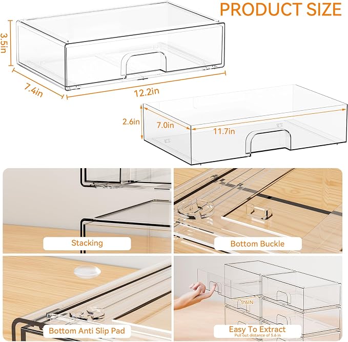 12.1''W Clear Stackable Storage Drawers,4Pcs Acrylic Drawer Organizer for Hair Accessories,Makeup Organizers,Plastic Office Supply Organizer for Pen,Pencil,Medicine,Accessory,Craft Organization - Image 3