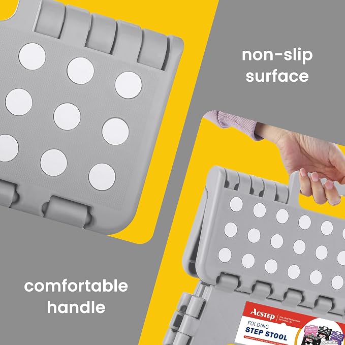 11" Folding Step Stool for Kids, Holds 300 lb Foldable Stools, Gray | Heavy Duty Collapsible Foot Stool, Lightweight with Built-in Handle, Non-Slip for Adults Kitchen Bathroom Bedroom Outdoor - Image 3